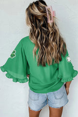 Sequin Clover Graphic Ruffled Trim Bell Sleeve St Patrick Blouse