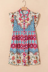 Floral Mixed Pattern Ruffle Flutter Sleeve Buttoned Dress