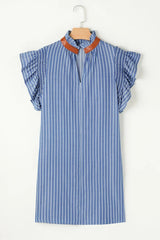 Stripe Frilly Split Neck Shirred Ruffle Sleeve Short Shift Dress