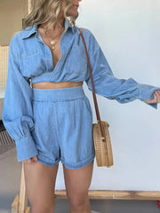 Full Size Long Sleeve Top and Shorts Denim Set Plus Size