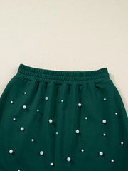 Pearl Embellished Drop Shoulder Pullover Elastic Waist Mini Skirt Set