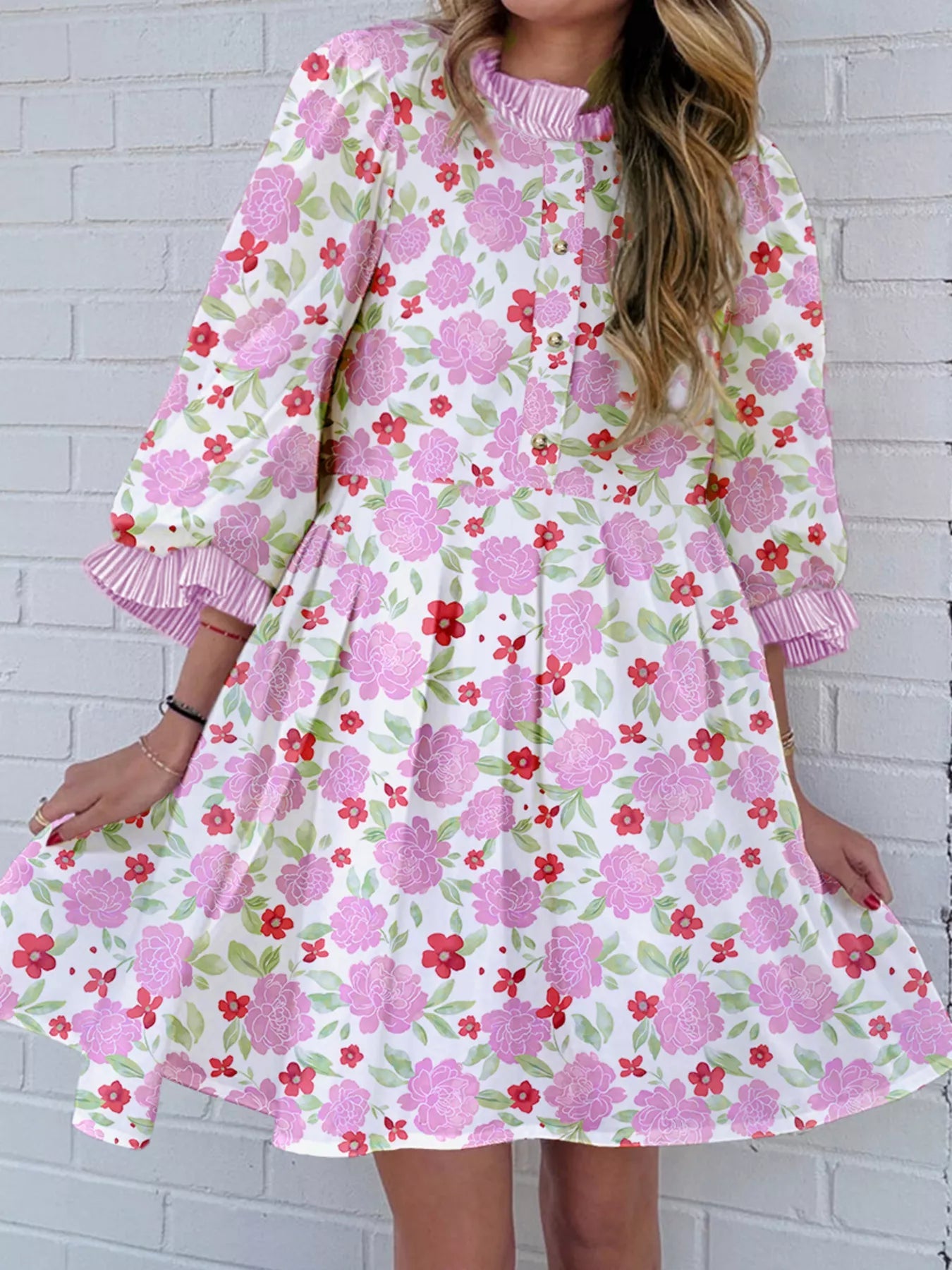 Floral Print Striped Trim Frilled Neck 3/4 Sleeve Flared Mini Dress