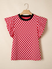 Checkered Print Ruffle Cap Sleeve Contrast Trim Round Neck Top