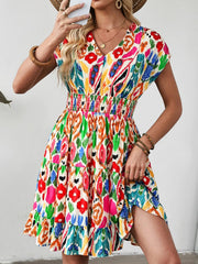 Abstract Print V Neck Dolman Sleeve Mini Dress
