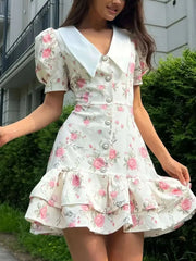 Floral Print Button-Front Ruffle Hem Dress