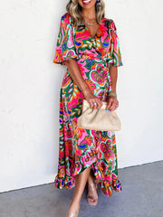Floral Print Wrap Maxi Dress with Ruffle Details