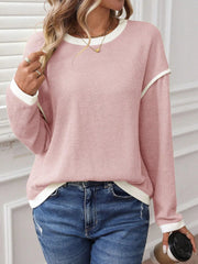Ribbed Contrast Trim Long Sleeve Top
