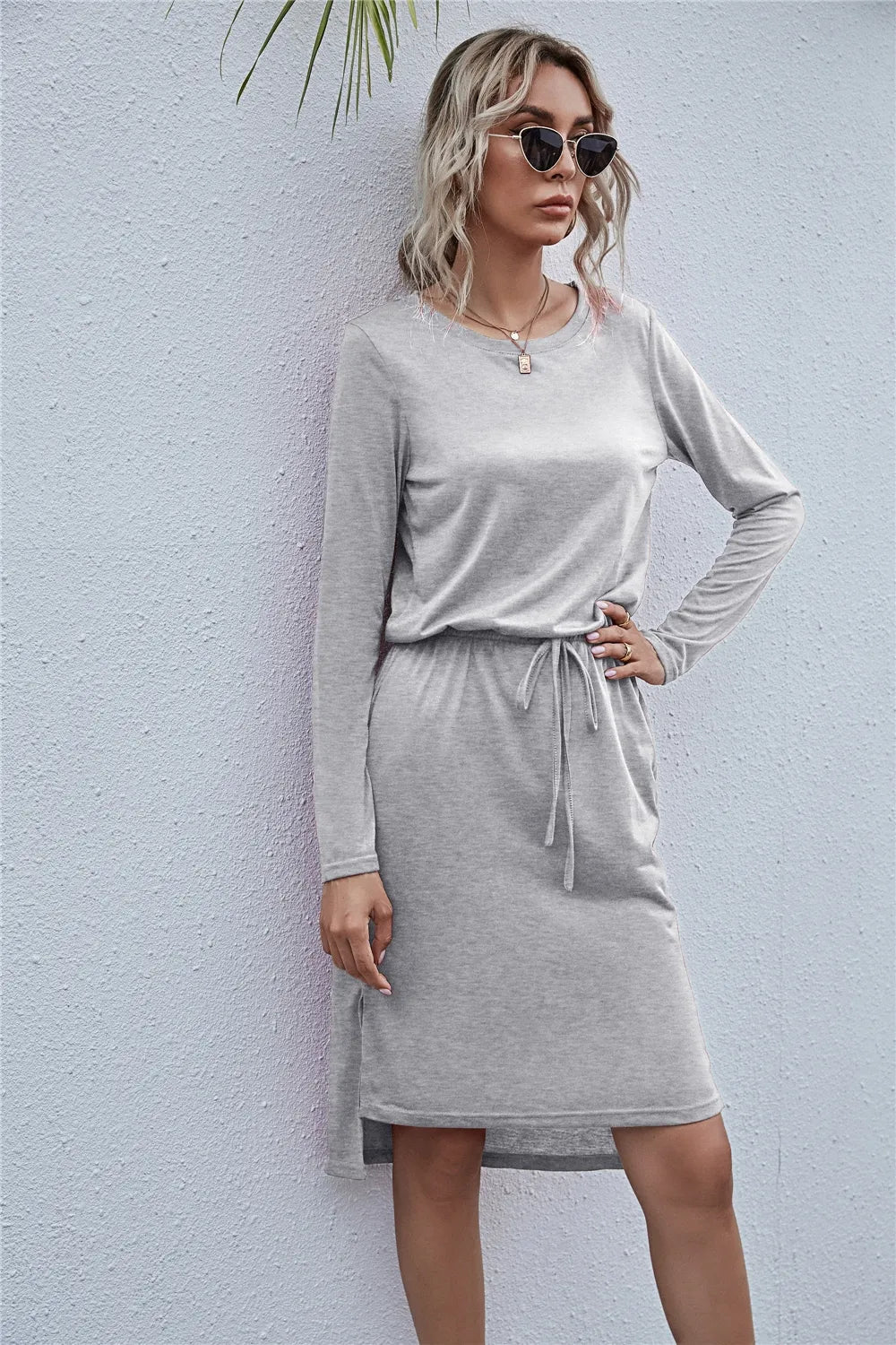 Drawstring Waist Round Neck Long Sleeve Dress