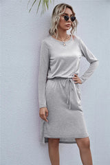 Drawstring Waist Round Neck Long Sleeve Dress
