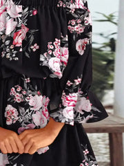 Full Size Floral Off-Shoulder Flounce Sleeve Mini Dress Plus Size