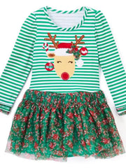 Children's Christmas Reindeer Applique Striped Long Sleeve Dress
