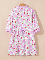 Floral Print Striped Trim Frilled Neck 3/4 Sleeve Flared Mini Dress