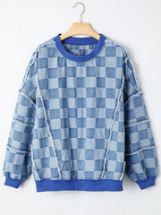 Checkerboard Splicing Raw Detail Oversized Denim Top