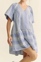 Davi & Dani Embroidered Stripe Ruffled Gingham Mini Dress