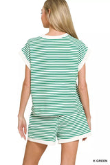 Zenana Stripe Contrast Trim Top & Shorts Set