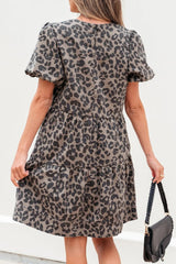 Leopard Round Neck Puff Sleeve Denim Dress