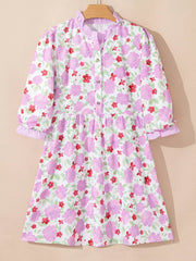 Floral Print Striped Trim Frilled Neck 3/4 Sleeve Flared Mini Dress
