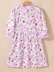 Floral Print Striped Trim Frilled Neck 3/4 Sleeve Flared Mini Dress
