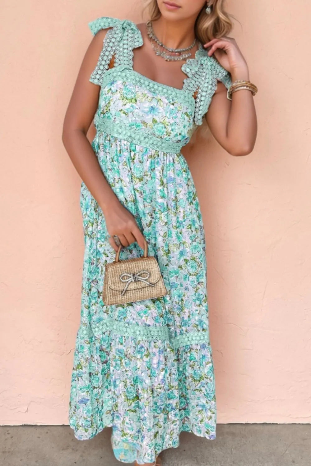 Lace Detail Square Neck Floral Dress