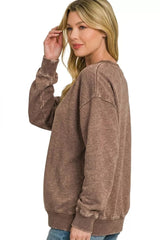 Zenana Fleece Acid Enzyme Washed Round Neck Sweatshirts