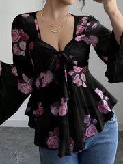 Floral Print Tie Front Flare Sleeve Blouse