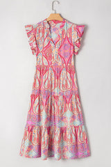 Tribal Paisley Print Ruffled Sleeve Notch Neck Midi Dress
