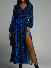 Printed Surplice Long Sleeve Midi Dress