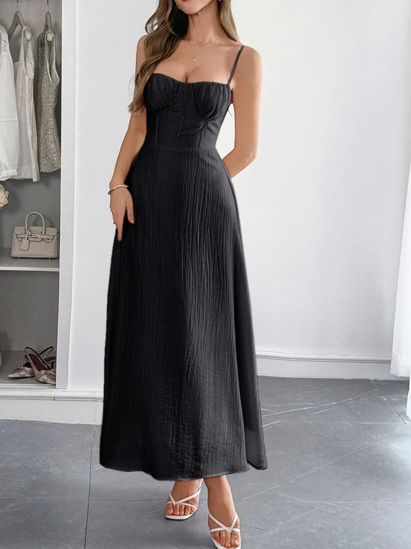 Texture Sweetheart Neck Backless Cami Dress