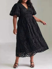 Lace V-Neck Midi Dress with Puff Sleeves