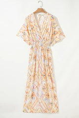 Printed Half Sleeve Shirred High Waist Maxi Dress