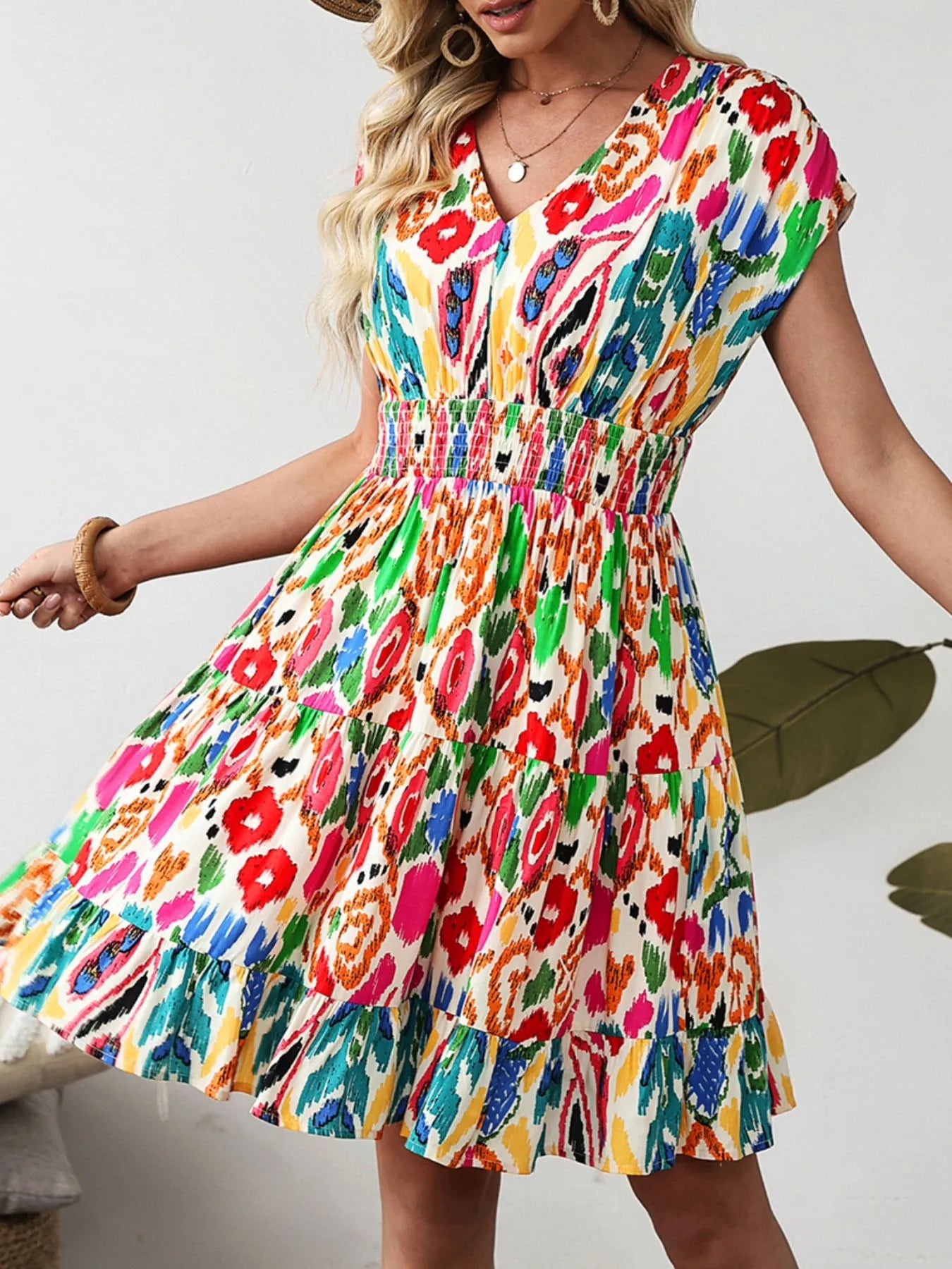 Abstract Print V Neck Dolman Sleeve Mini Dress
