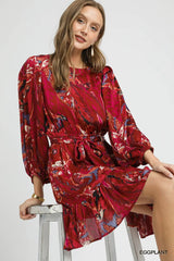 Umgee Ruffled Hem Printed Balloon Sleeve Dress