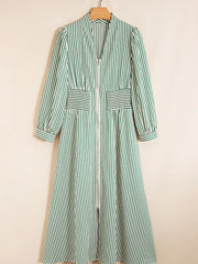 Stripe V Neck Zip Front Cinched High Waist Midi Dress