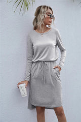 Drawstring Waist Round Neck Long Sleeve Dress