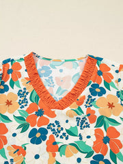Frilled V Neck Floral Print Blouse