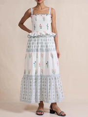 Bohemian Floral Print Smocked Tiered Maxi Dress