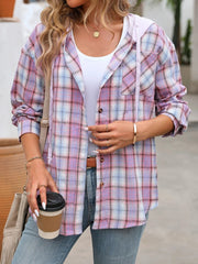 Plaid Button-Up Hooded Shirt with Chest Pocket