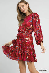 Umgee Ruffled Hem Printed Balloon Sleeve Dress
