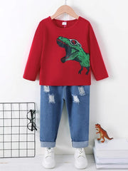 Dinosaur Round Neck Long Sleeve Top and Distressed Pants Set