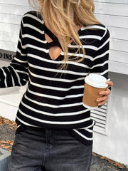 Striped Cross Front Long Sleeve Knit Top