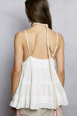 POL Button Front V-Neck Ruffled Cami with Pintuck Accents