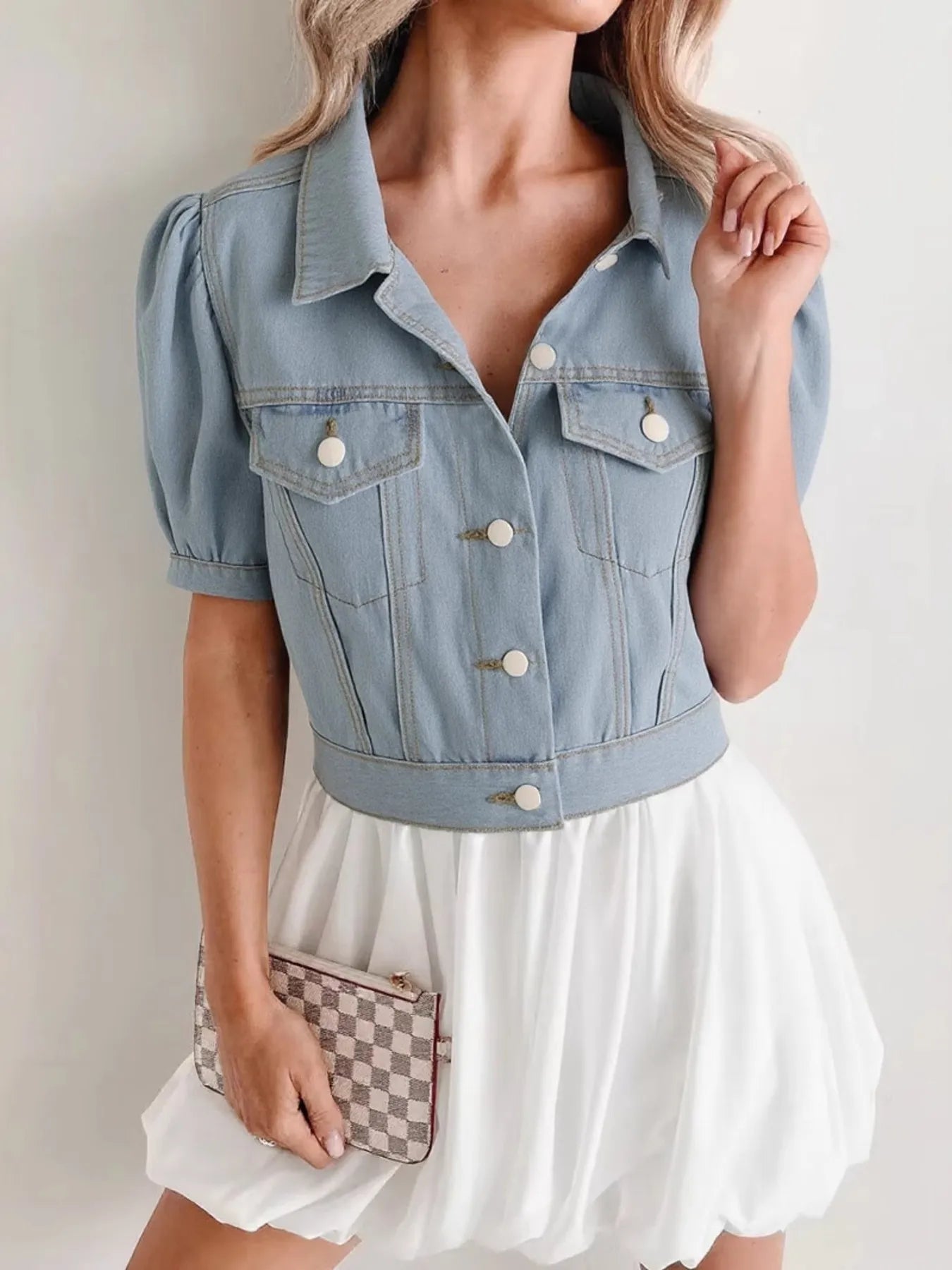 Button Up Puff Sleeve Cropped Denim Jacket
