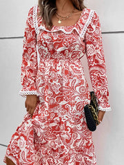 Printed Square Neck Long Sleeve Dress