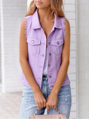 Full Size Sleeveless Frayed Denim Vest Jacket Plus Size