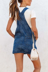 Flower Print Square Neck Denim Overall Dress