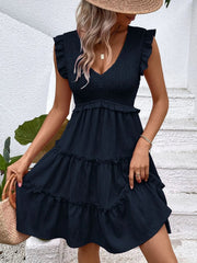 Ruffled V-Neck Cap Sleeve Dress