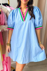 Notched Puff Sleeve Swing Dress