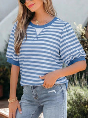 Stripe Short Bubble Sleeve T Shirt