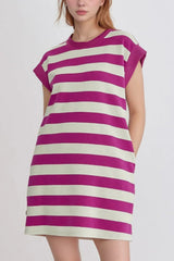 Stripe Cap Sleeve Pocketed Shift Tee Dress