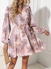 Floral Print Surplice Balloon Sleeve Dress